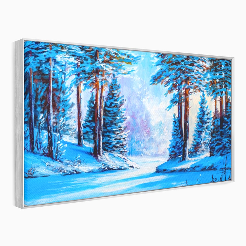 Tablou canvas cu pictura peisaj de iarna cu padure si zapada, in rama de aluminiu argintiu